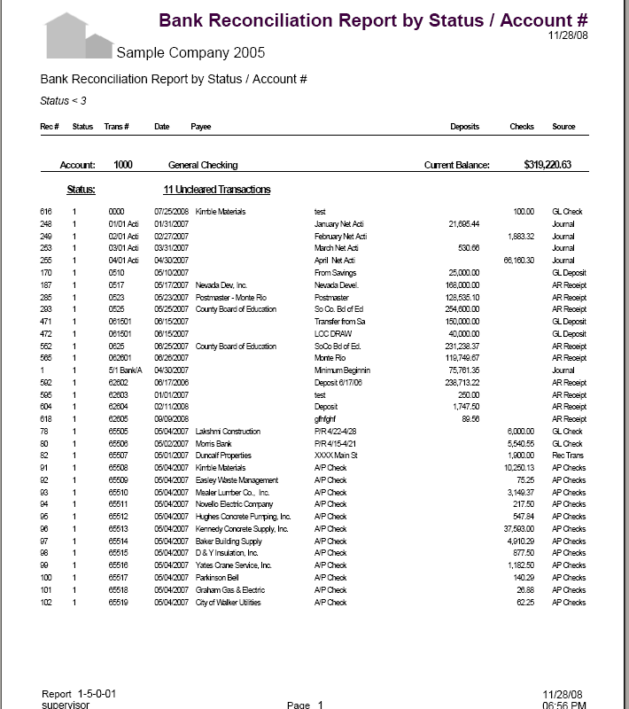 01-05-00-01 Bank Reconciliation Report by Status / Account #