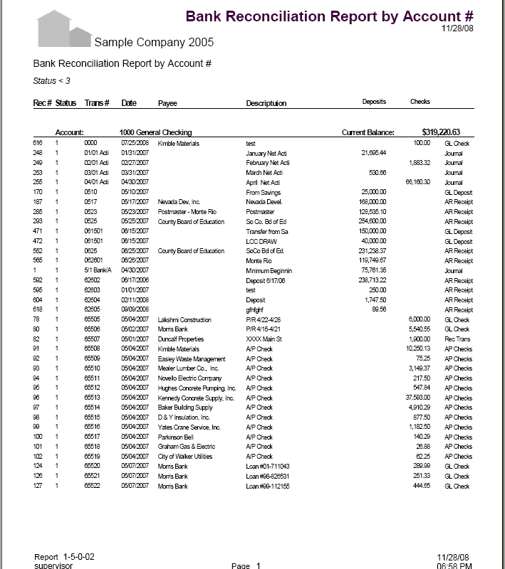 01-05-00-02 Bank Reconciliation Report by Account #