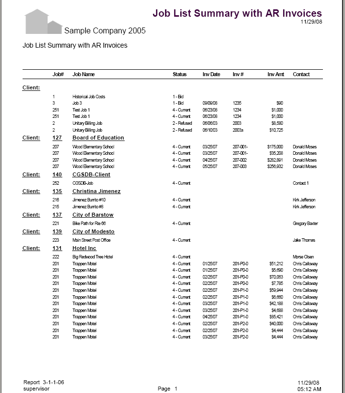 03-01-01-06 Job List Summary with AR Invoices By Client / Job