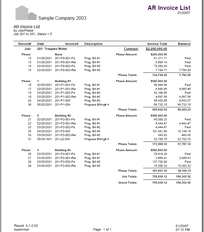03-01-02-03 AR Invoice List by Job / Phase