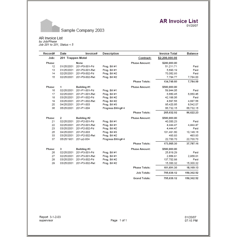 03-01-02-03 AR Invoice List by Job / Phase