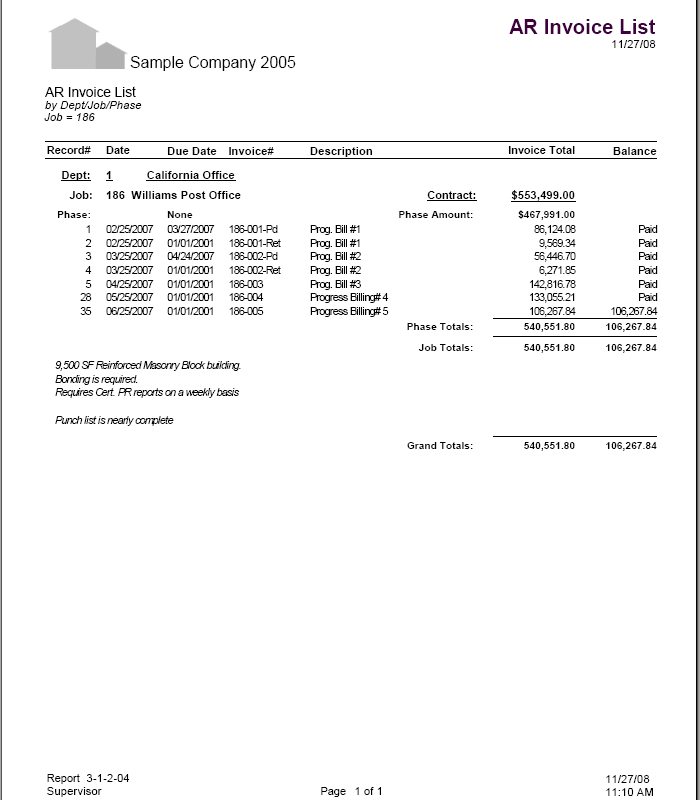 03-01-02-04 AR Invoice List by Dept / Job / Phase with Notes