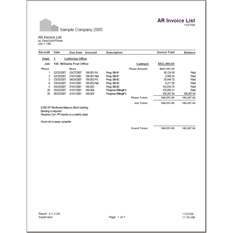 03-01-02-04 AR Invoice List by Dept / Job / Phase with Notes