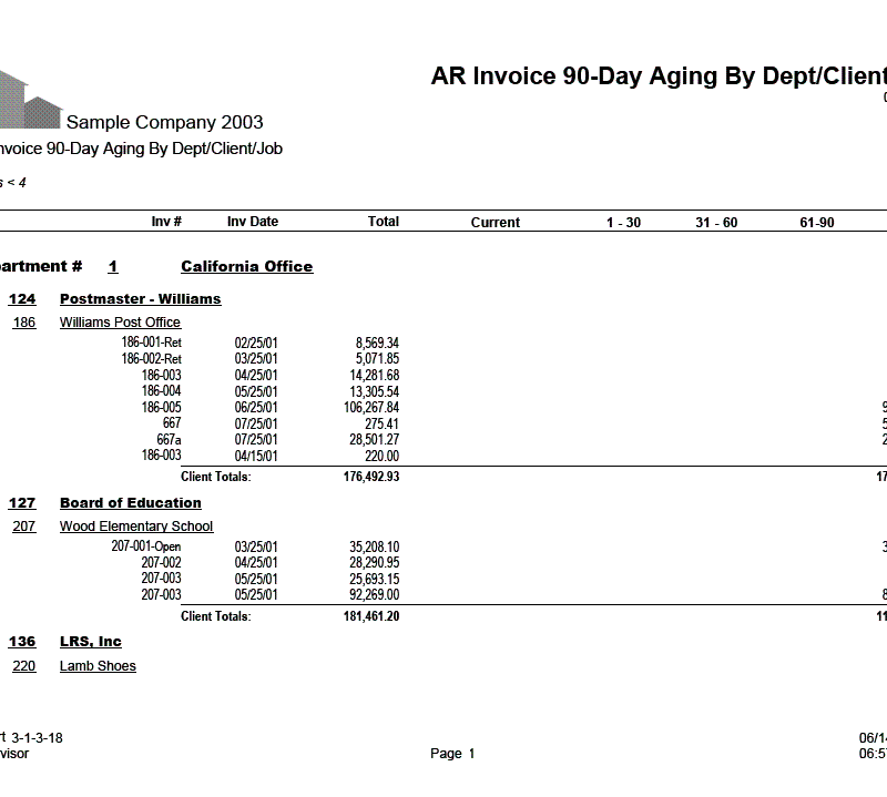 03-01-03-18 AR Invoice 90-Day Aging by Dept / Client / Job