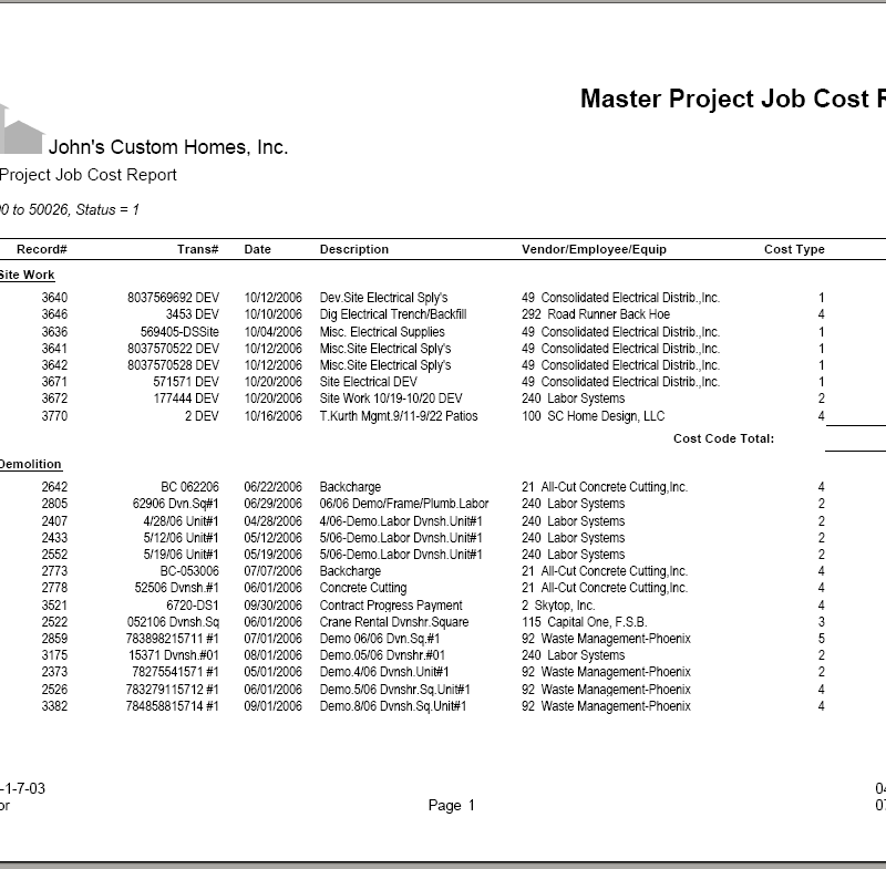 03-01-07-03 Master Project Job Cost Report