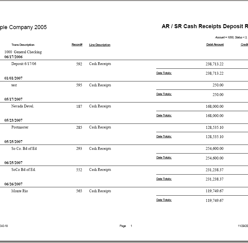 03-03-00-18 AR-SR Cash Receipts Deposit Report