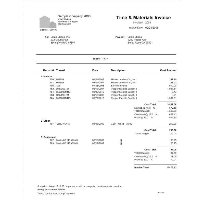 03-10-03-01 Time & Materials Invoice by Cost Type
