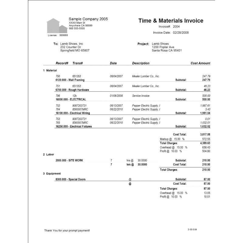 03-10-03-04 Time & Materials Invoice by Cost Type/Cost Code