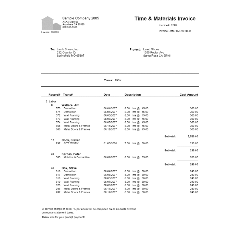 03-10-03-12 T&M Invoice with Employee Subtotals
