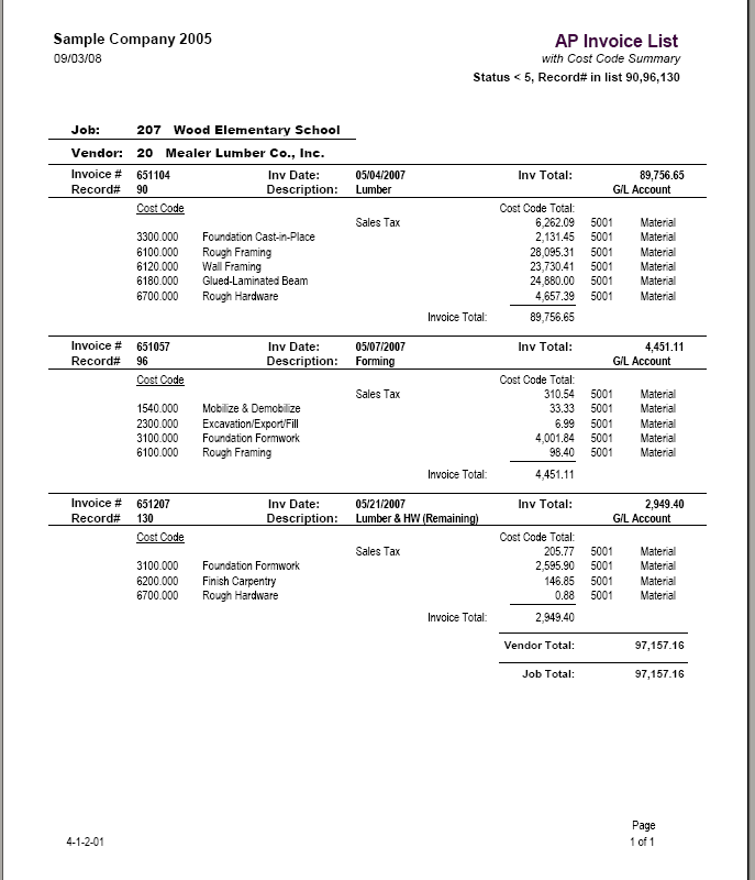 04-01-02-01 AP Invoice List with Cost Code Summary