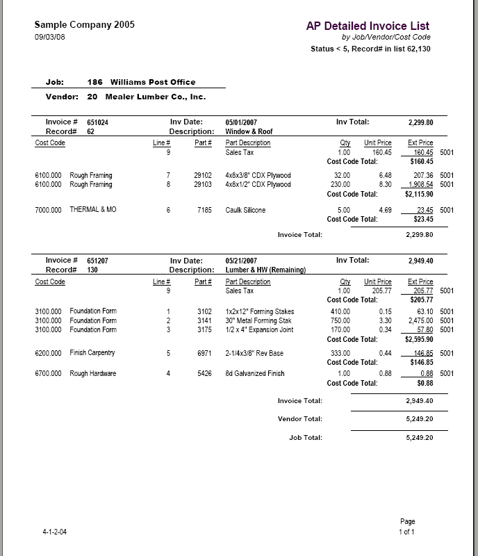 04-01-02-04 AP Detailed Invoice List by Job/Vendor/Cost Code