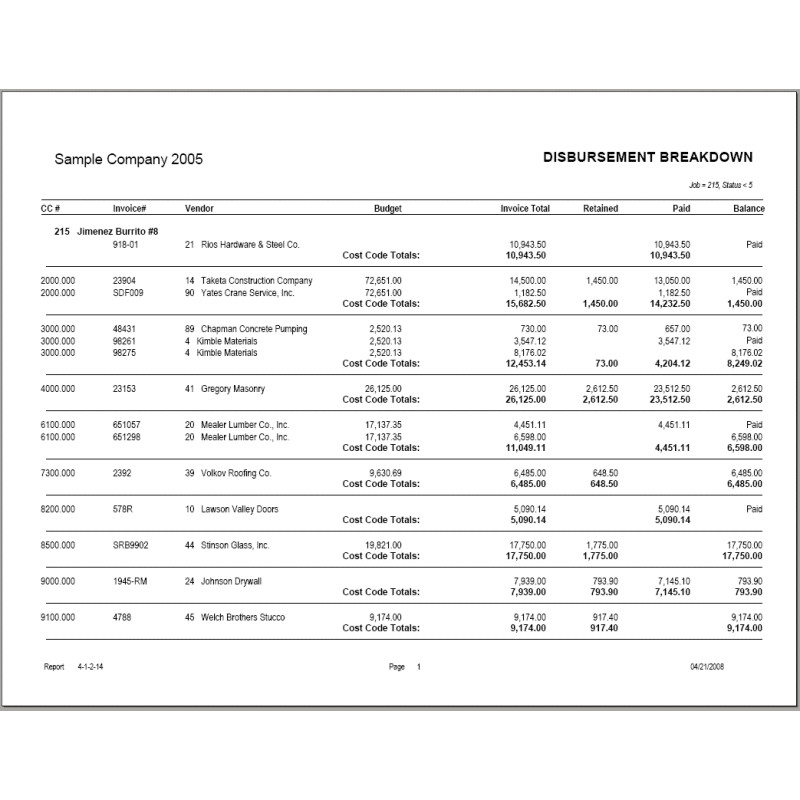 04-01-02-14 AP Disbursement Breakdown by Job / Cost Code