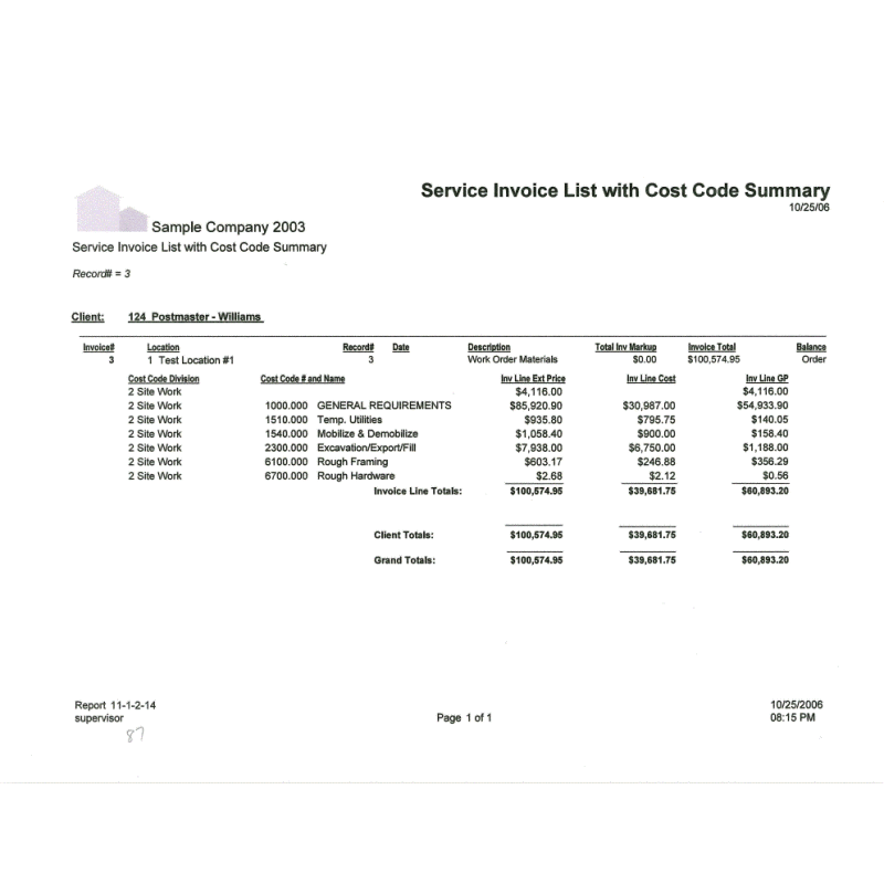 11-01-02-14 Service Invoice List with Cost Code Summary